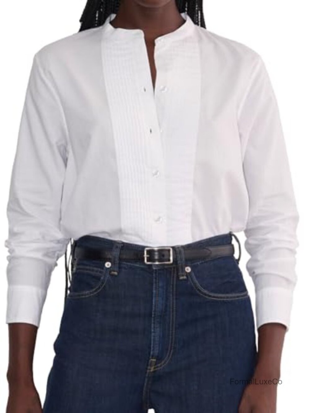 Women's Tuxedo Button Up Shirt Pleated Bib Stand Collar Long Sleeve Blouse